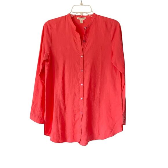 Eileen Fisher Organic Linen Collarless Button Down Shirt size Petite Small PS - Picture 2 of 6